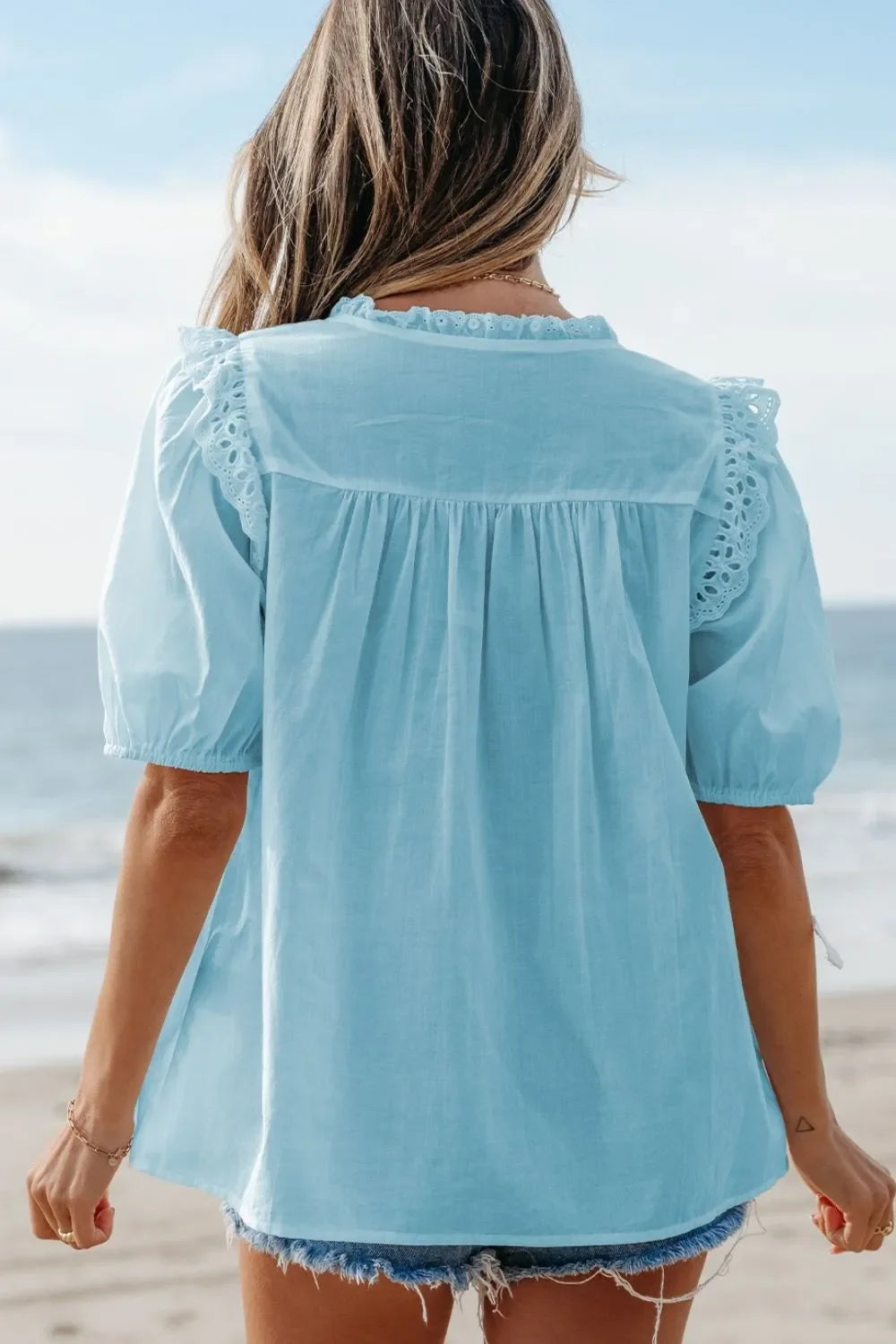 Breathable Cotton Blouse With Eyelet Lace Trim Puff Sleeves - Southern Shores Clothing
