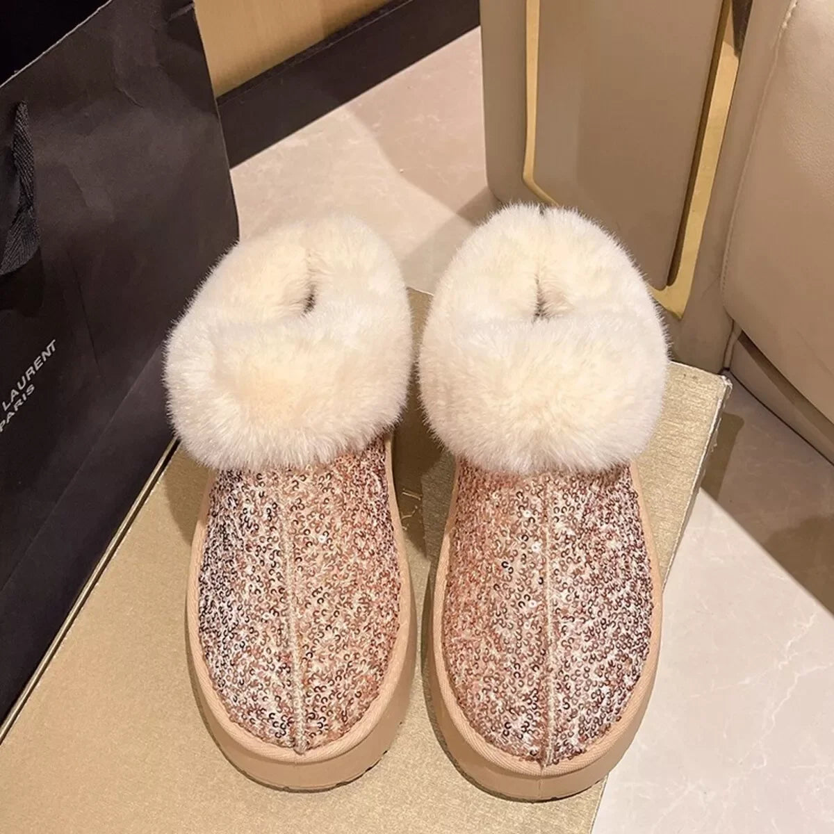 Sequined Round Toe Platform Boots With Faux Fur Trim - Southern Shores Clothing