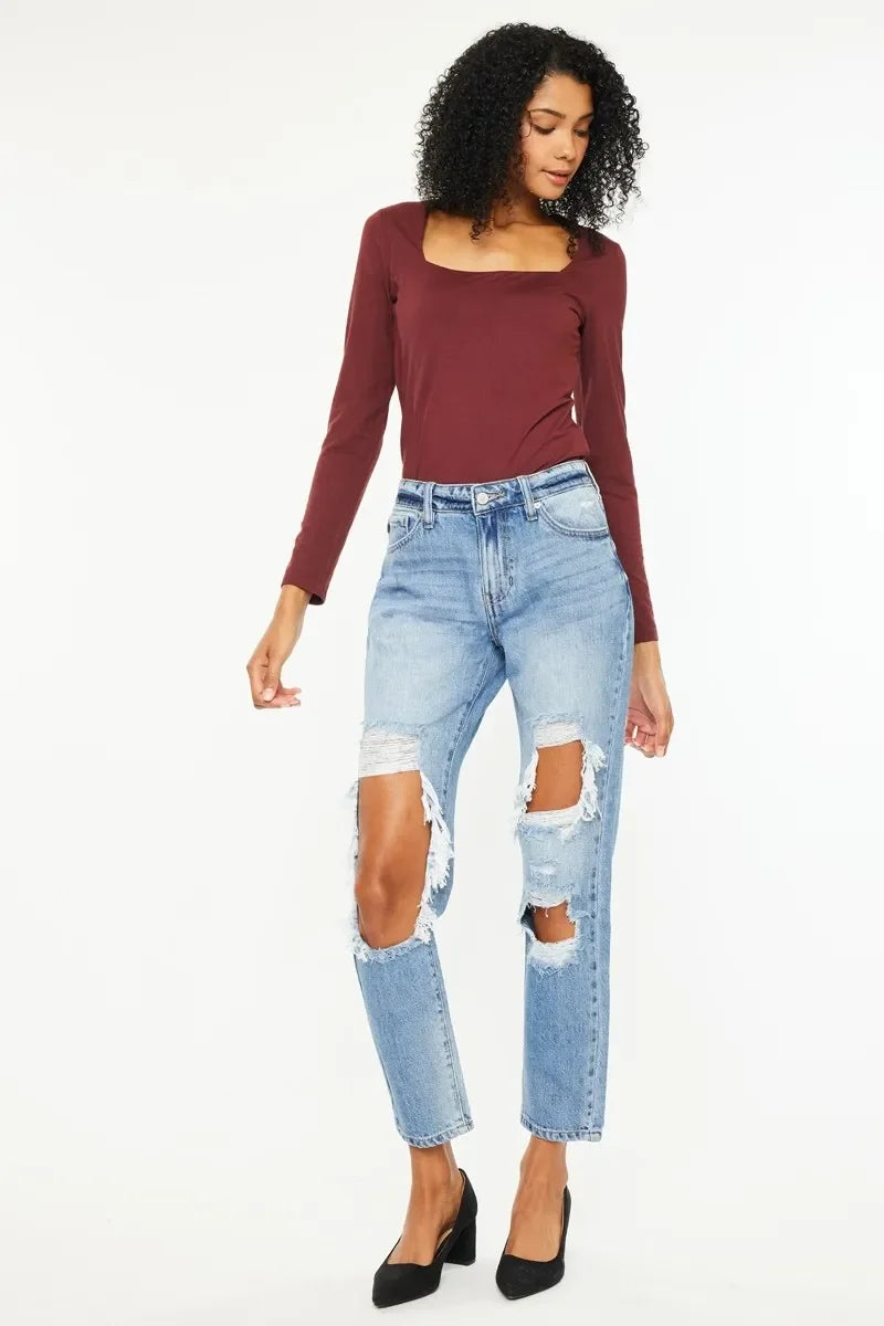 High Rise Distressed Boyfriend Jeans Stretch Denim - Southern Shores Clothing