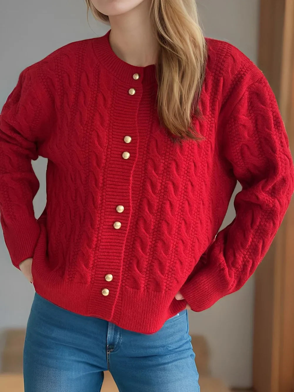 Cable-Knit Round-Neck Long Sleeve Cardigan Buttoned - Southern Shores Clothing