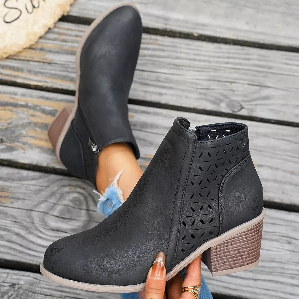 Round Toe Block Heel Ankle Boots Mid Heel - Southern Shores Clothing
