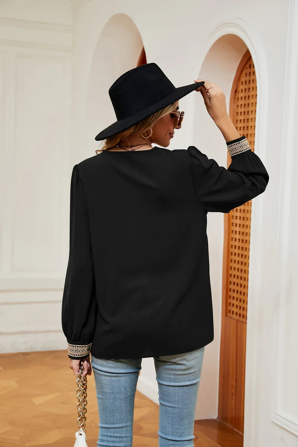 Contrast Puff Sleeve Blouse With Polyester Fabric - Southern Shores Clothing