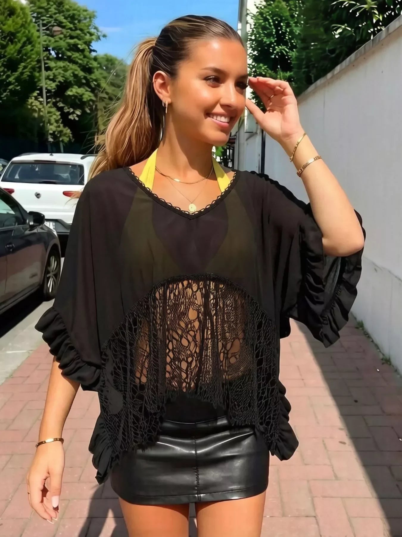Lace Trim Sheer Flowy Cover Up With V Neck And Ruffle Details - Southern Shores Clothing