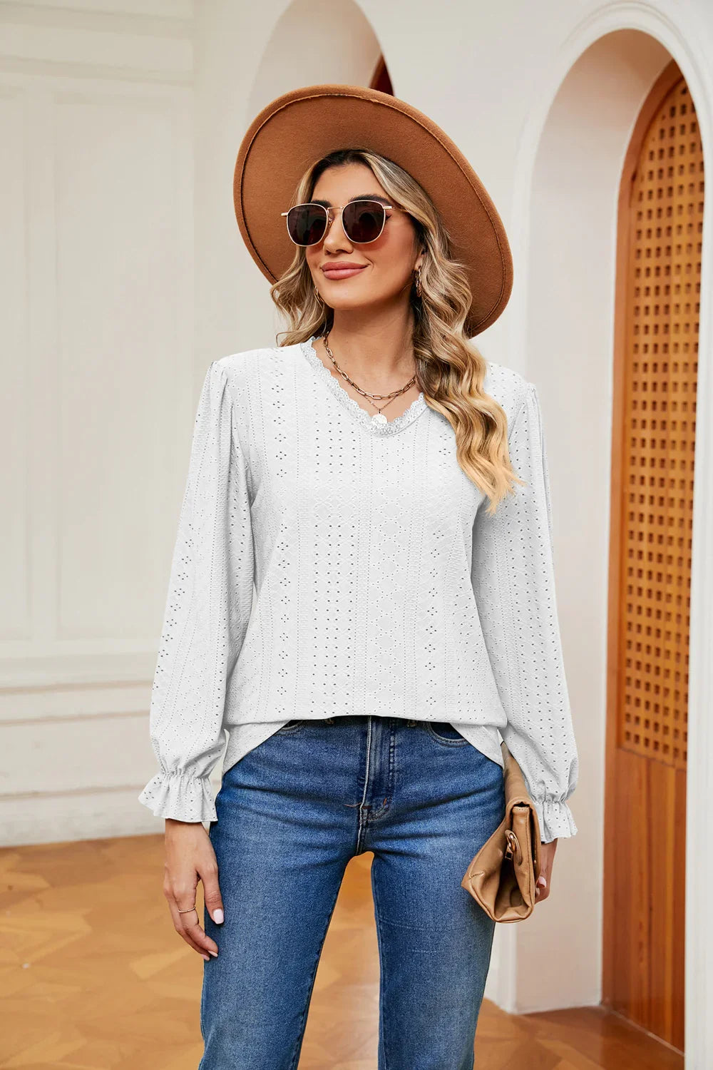 Southern Shores V-Neck Flounce Sleeve Lace Blouse In Stretch Rayon Blend Fabric For Versatile Wear - Southern Shores Clothing