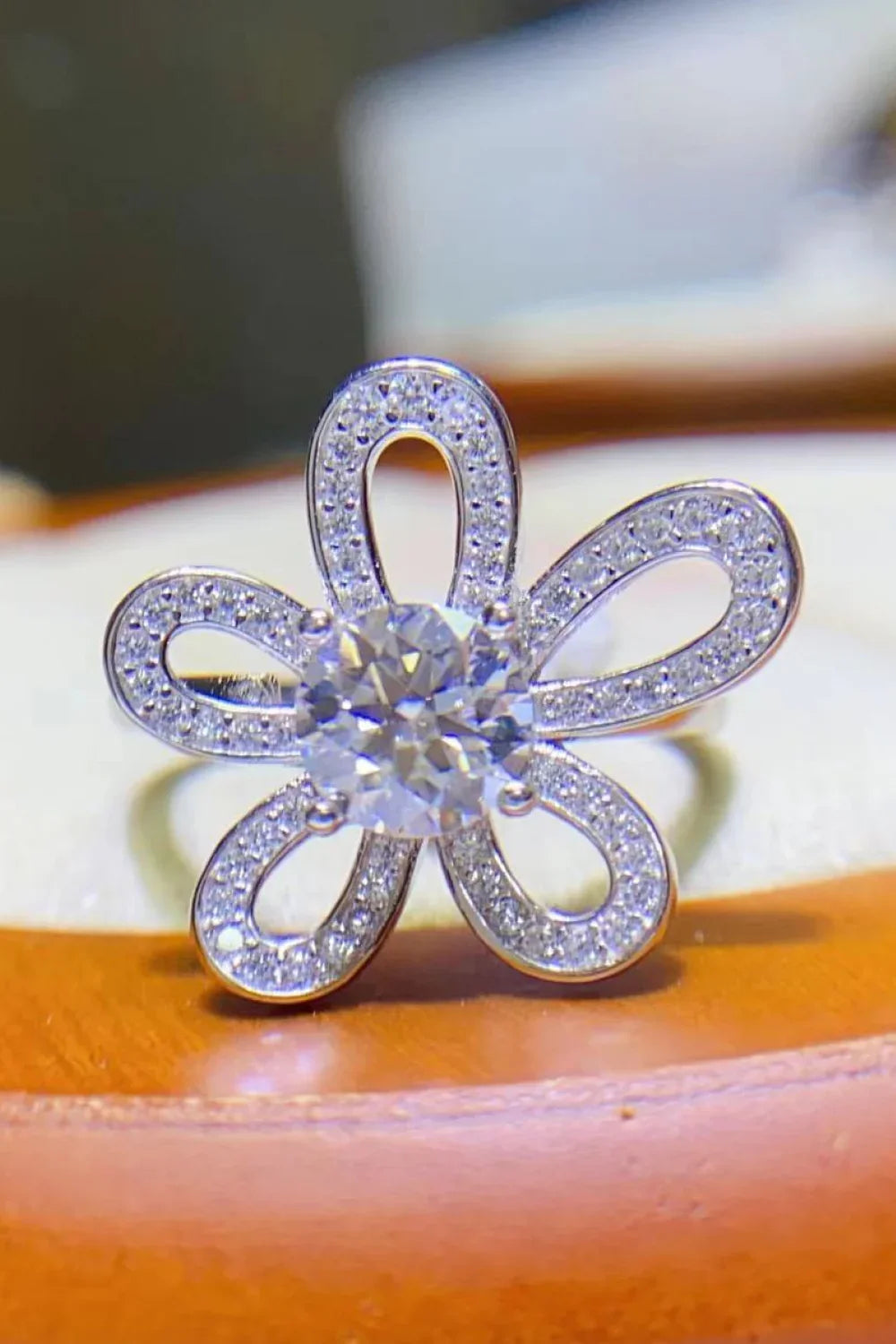 1 Carat Moissanite Flower Shape Open Ring Platinum Plated - Southern Shores Clothing