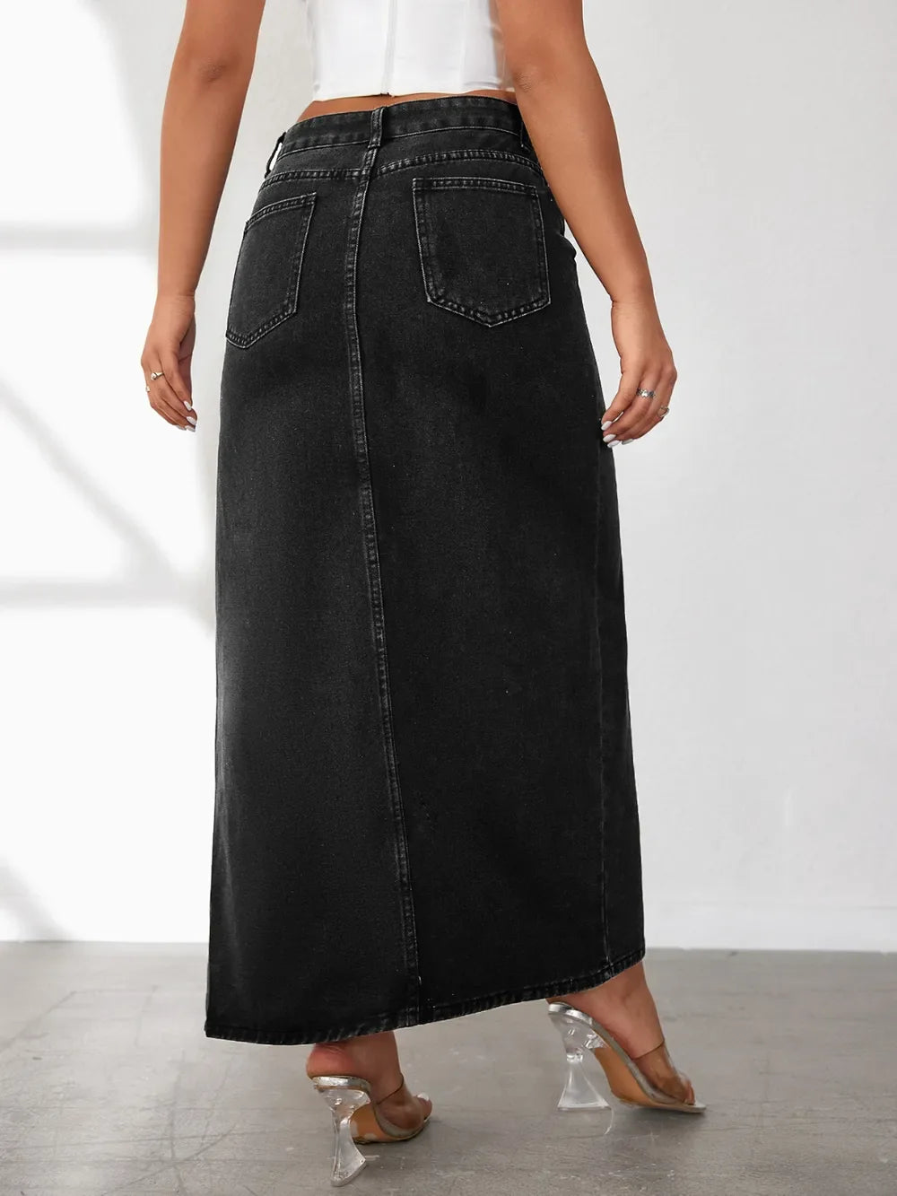 Classic High Rise Slit Denim Skirt With Flattering Fit - Southern Shores Clothing