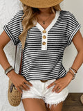 Striped V Neck Short Sleeve Buttoned Stretch T Shirt - Southern Shores Clothing