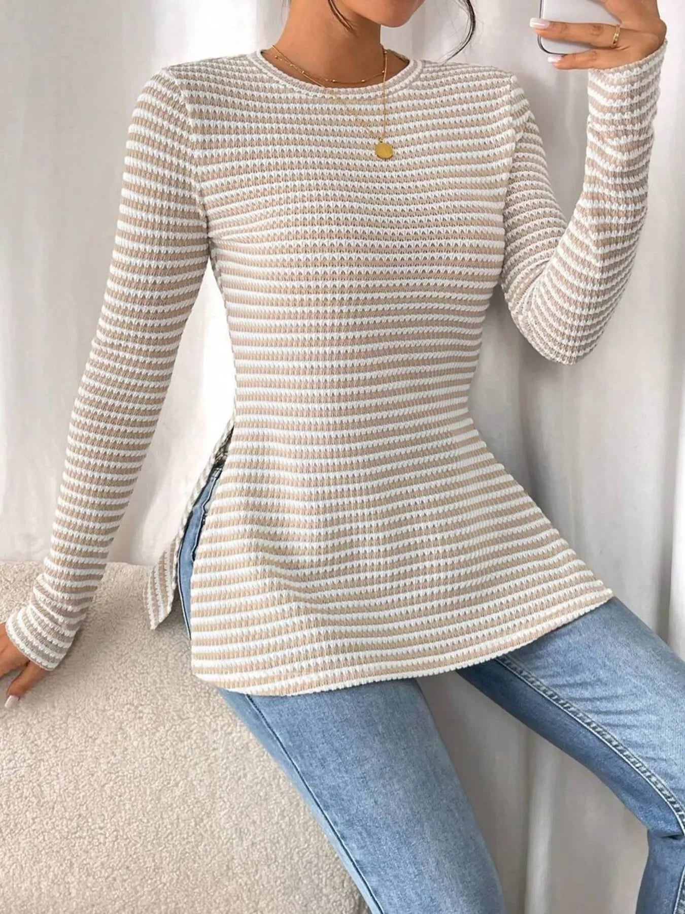 Side Slit Striped Long Sleeve T-Shirt - Southern Shores Clothing