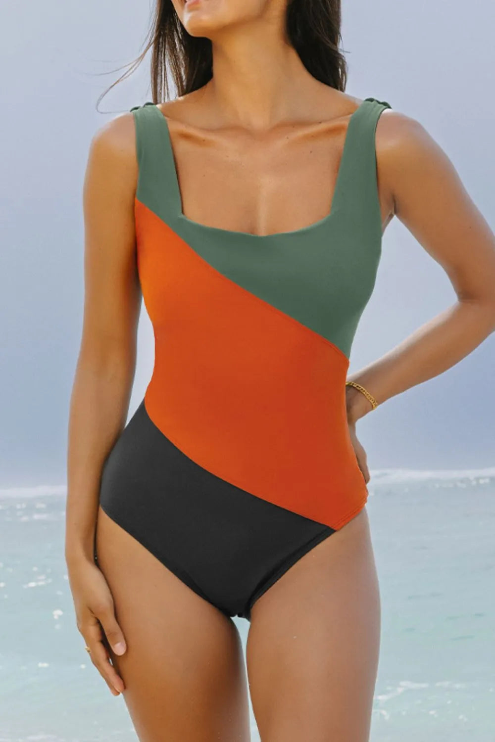 Southern Shores Color Block Padded Square Neck One Piece Swimsuit