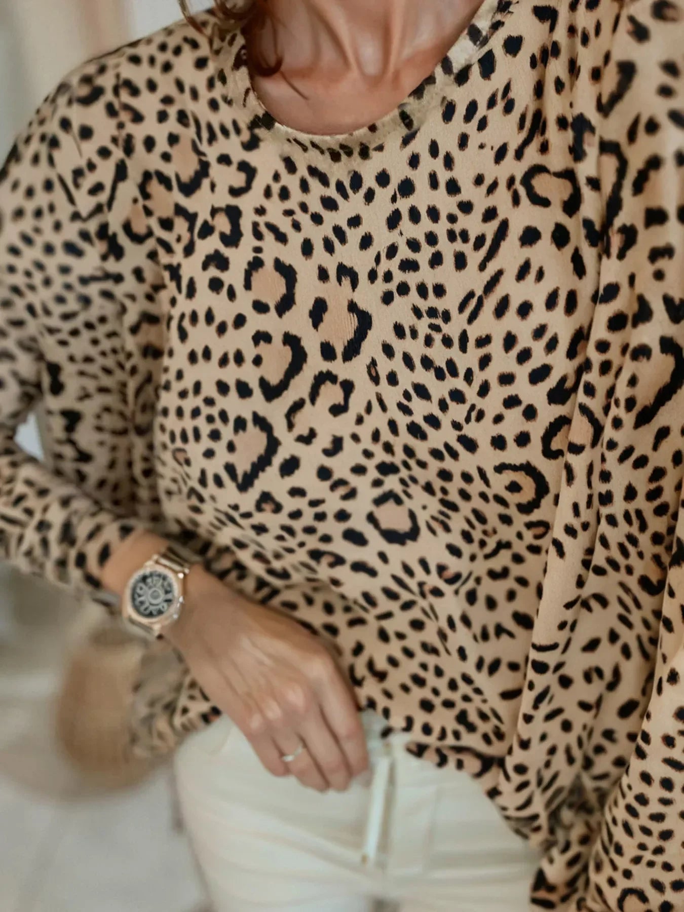 Leopard Round Neck Long Sleeve T-Shirt - Southern Shores Clothing