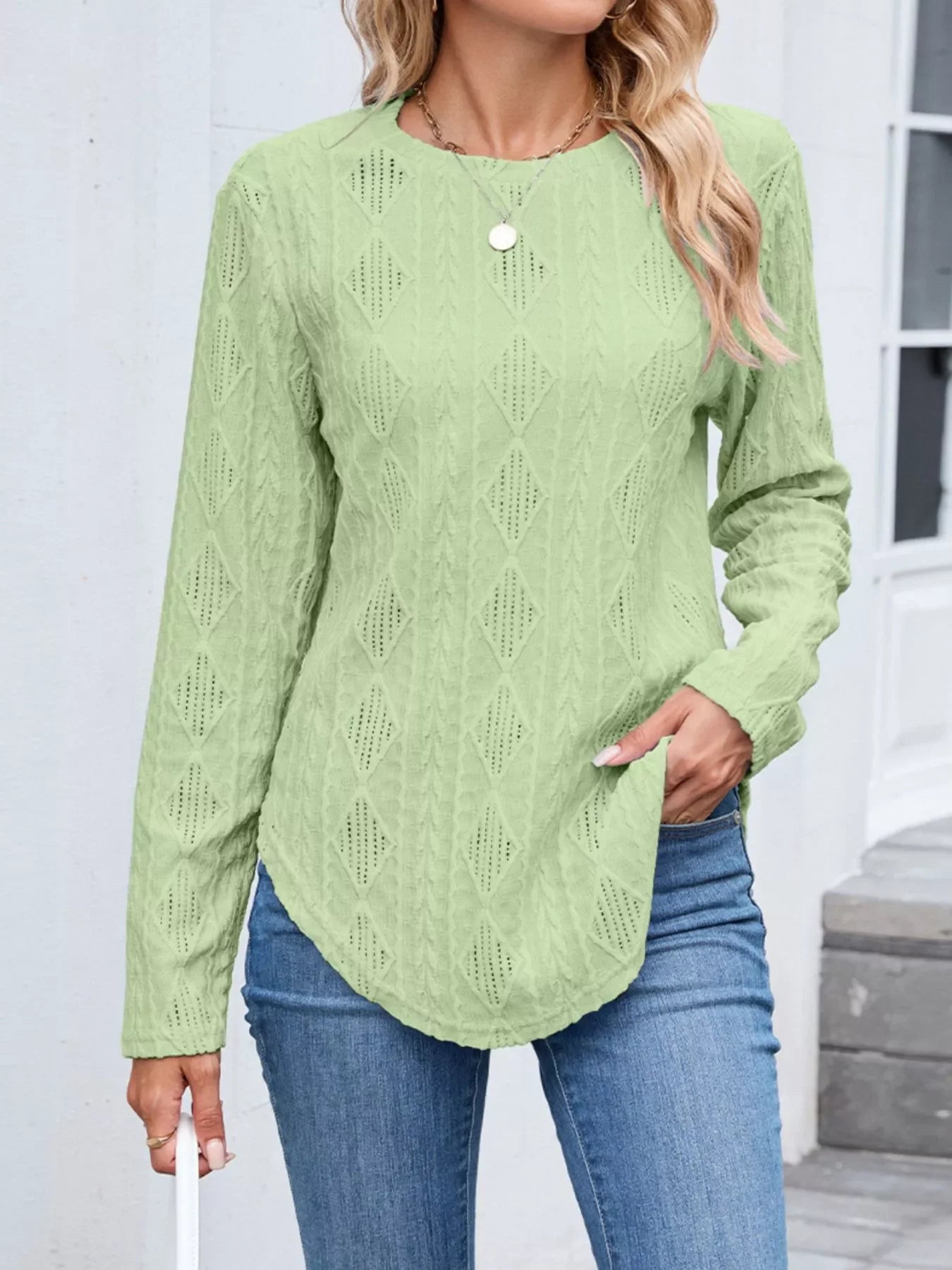 Openwork Textured Long Sleeve Top - Southern Shores Clothing