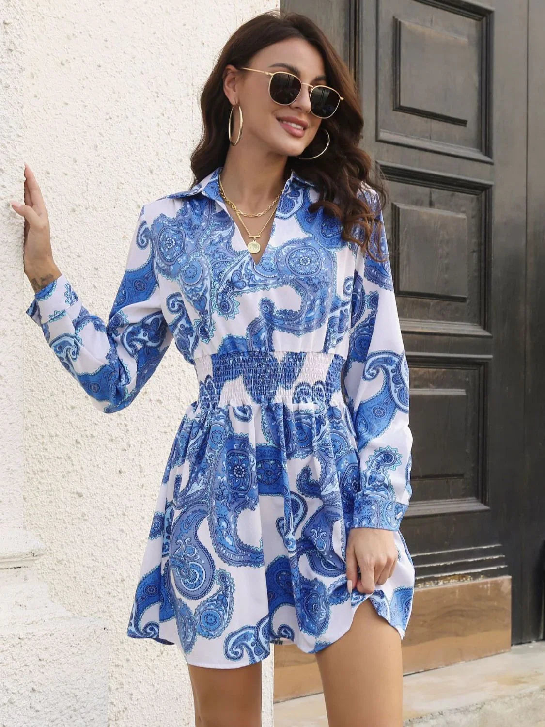 Paisley Print Johnny Collar Smocked Dress - Southern Shores Clothing