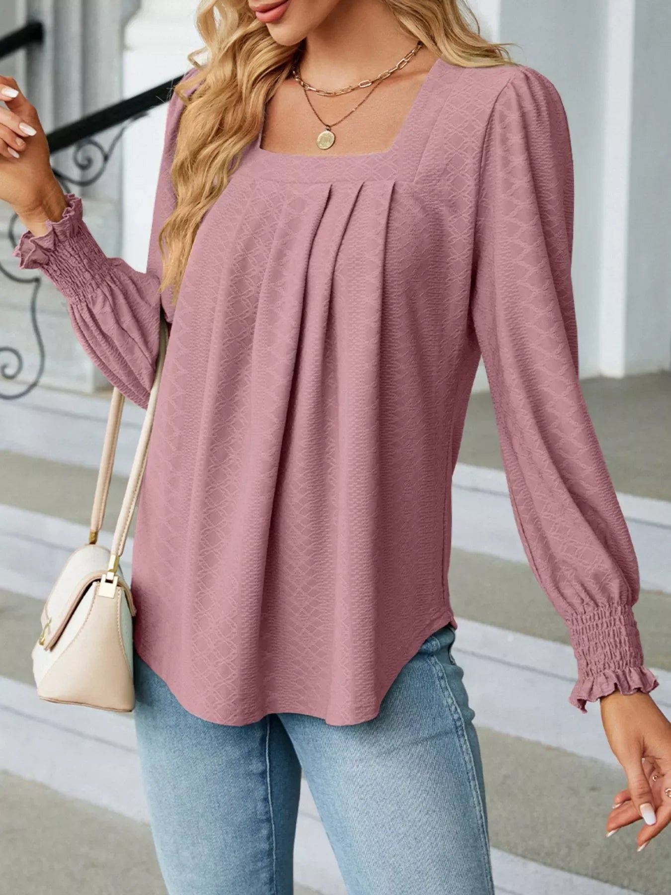 Pleated Square Neck Long Sleeve Top - Southern Shores Clothing