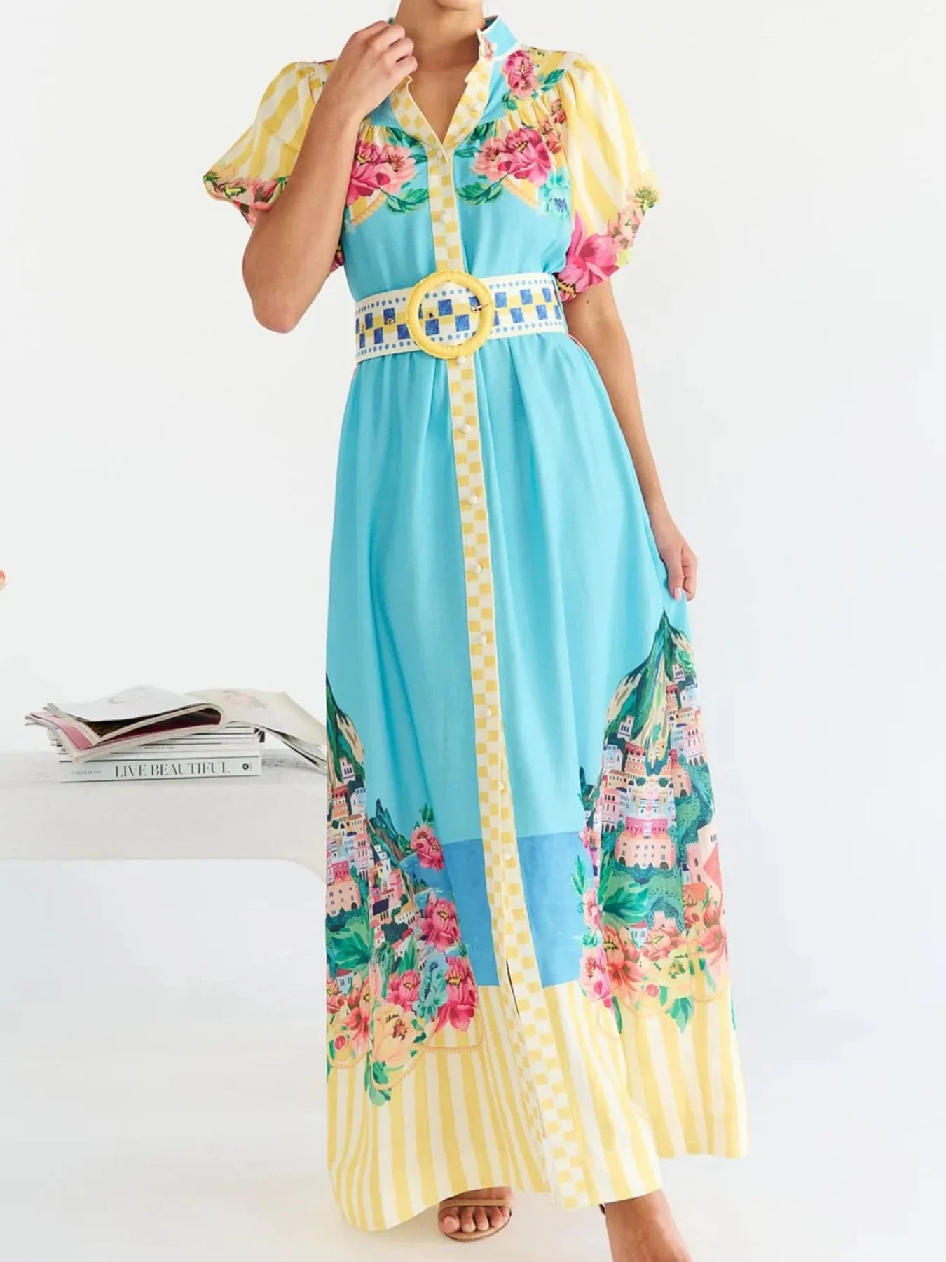 Printed Button Front Puff Sleeve Maxi Dress - Southern Shores Clothing