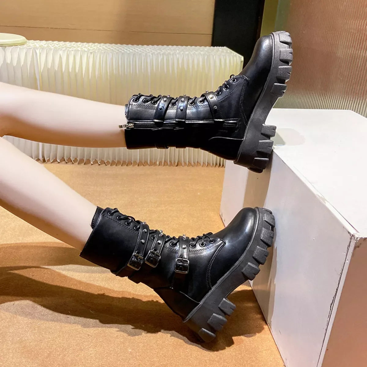 Buckled Lace-Up Mid Heel Combat Boots Ankle-Height - Southern Shores Clothing