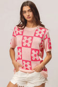 Floral Checker Pattern Short Sleeve Knit Sweater Relaxed Fit - Southern Shores Clothing