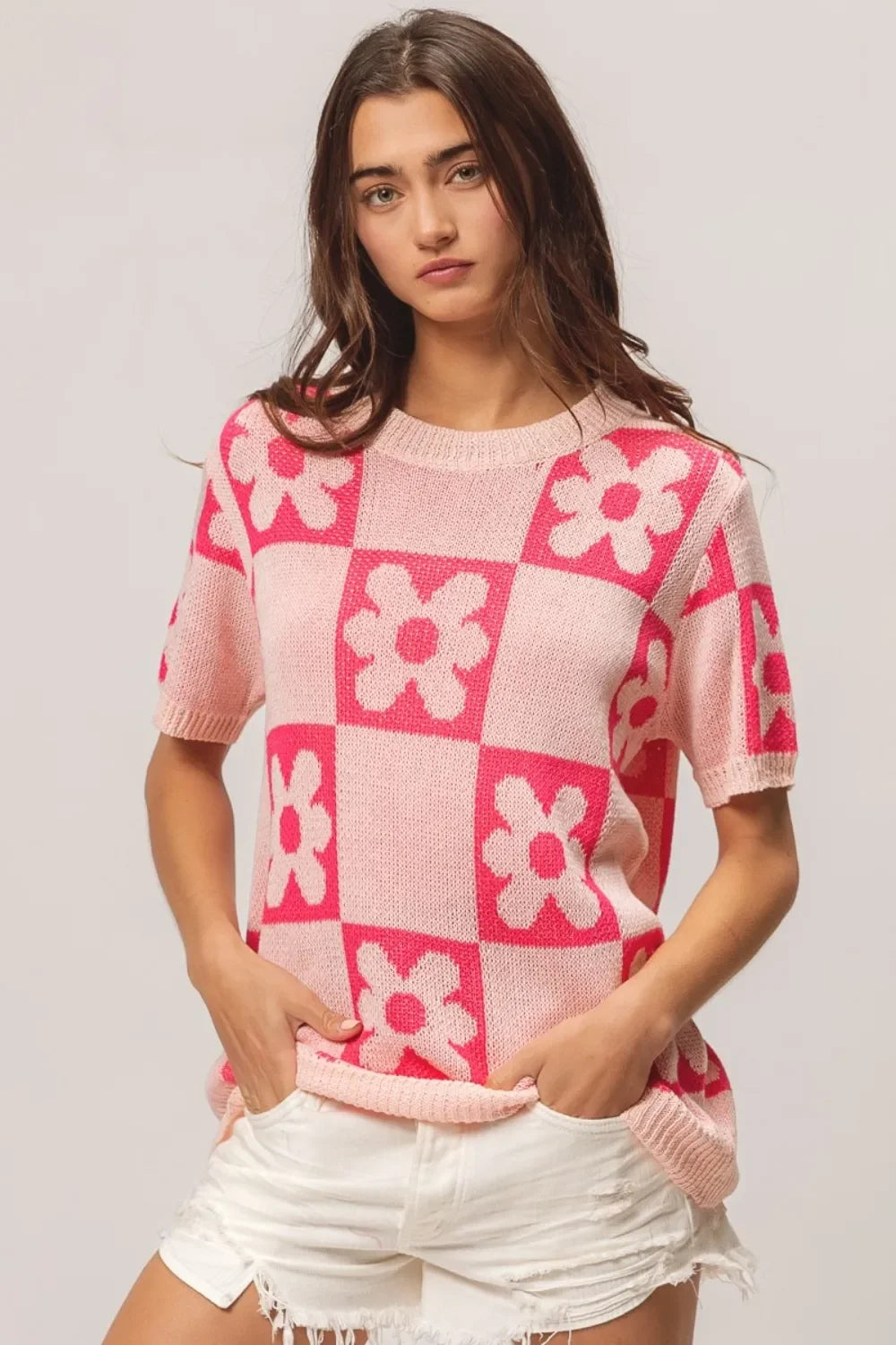 Floral Checker Pattern Short Sleeve Knit Sweater Relaxed Fit - Southern Shores Clothing