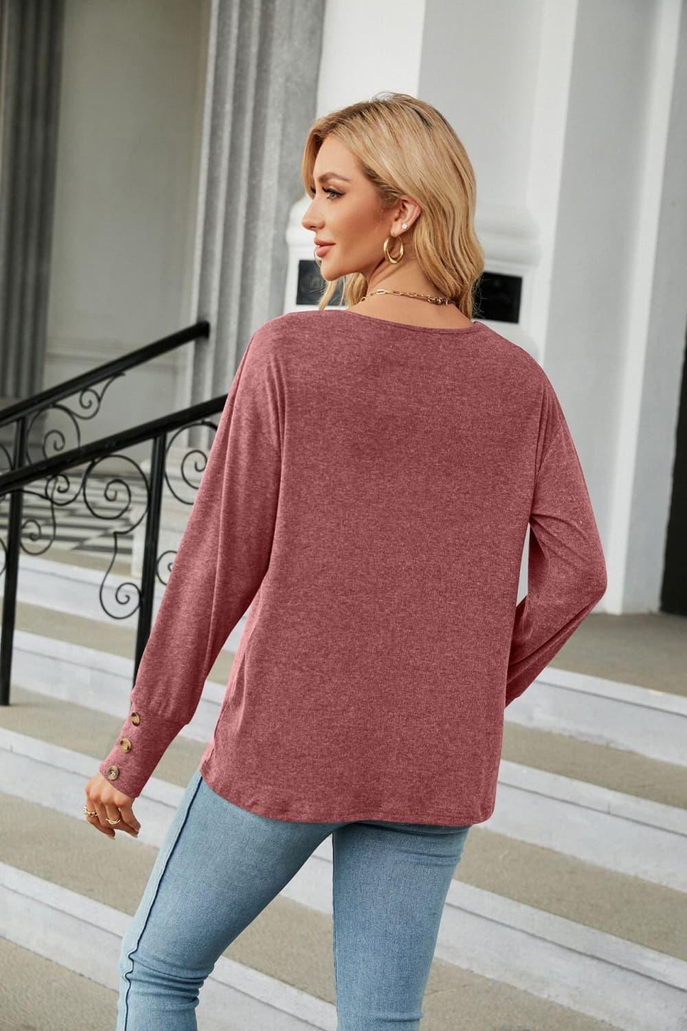 V-Neck Long Sleeve Tee With Button Detail - Southern Shores Clothing