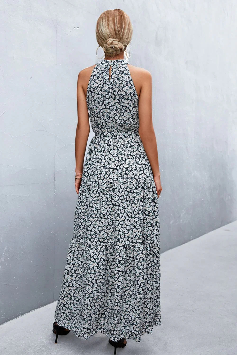 Printed Sleeveless Tie Waist Maxi Dress Polka Dot - Southern Shores Clothing