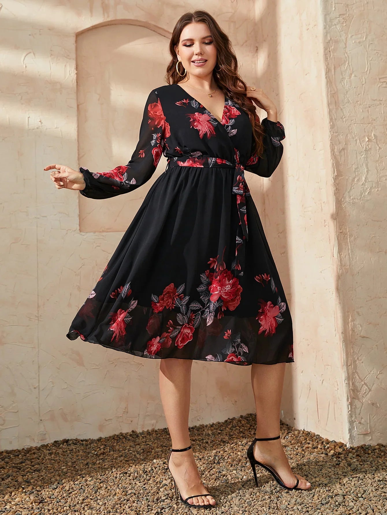 Plus Size Floral Surplice Neck Tie Waist Dress - Southern Shores Clothing