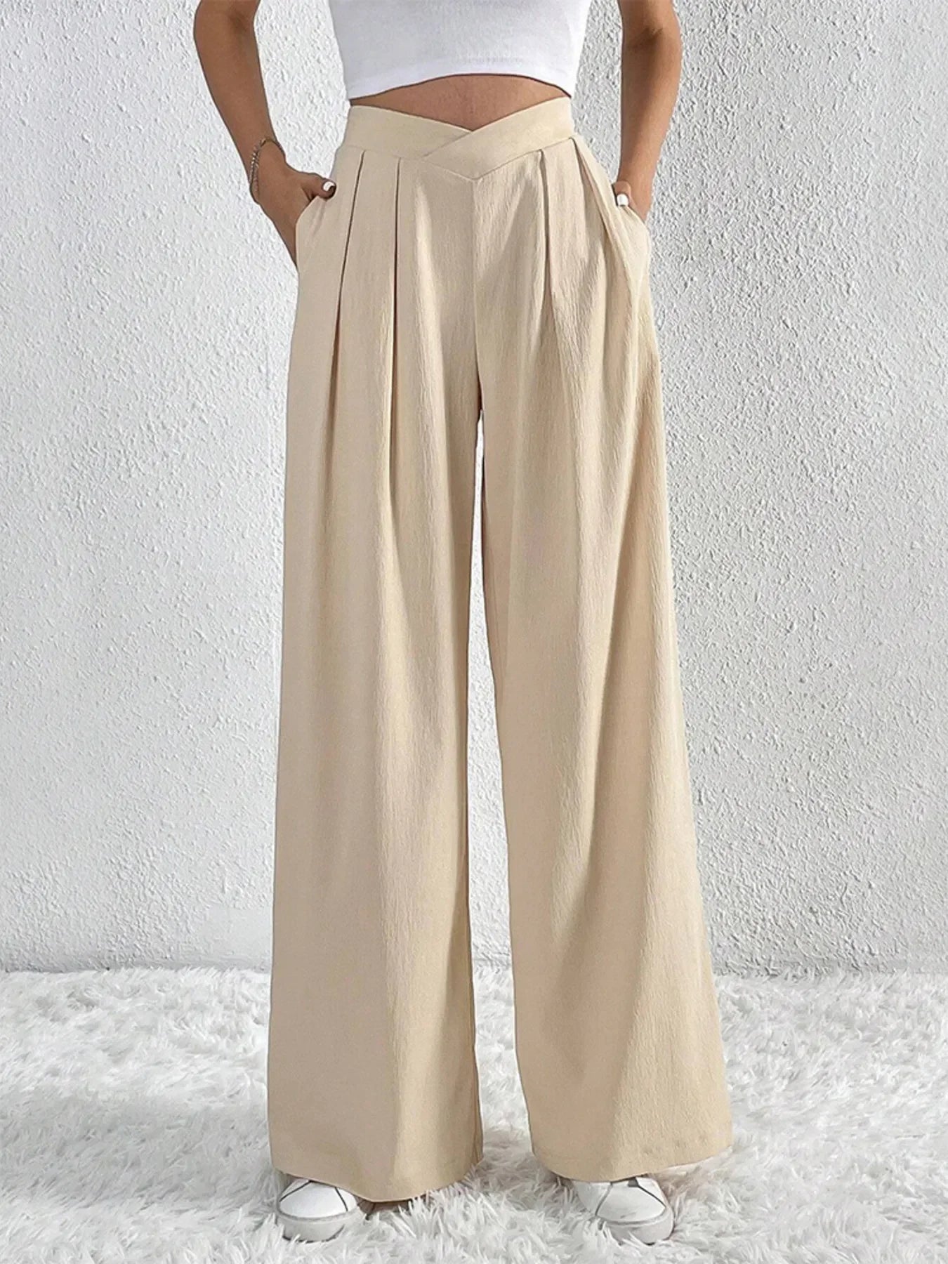 V-Waisted Ruched Front Flowing Wide Leg Pants Casual Wear - Southern Shores Clothing