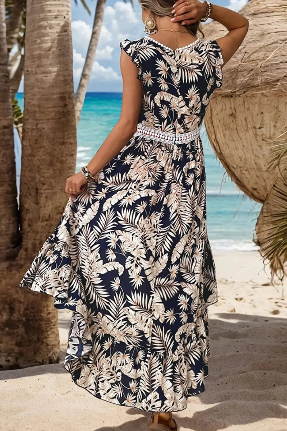 High-Low V-Neck Cap Sleeve Midi Dress With Palm-Leaf Print - Southern Shores Clothing