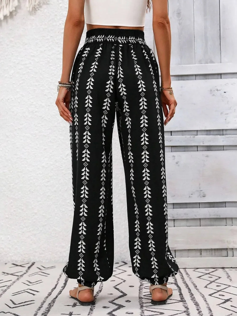 Tied Printed High Waist Wide Leg Pants With Drawstring Tie - Southern Shores Clothing