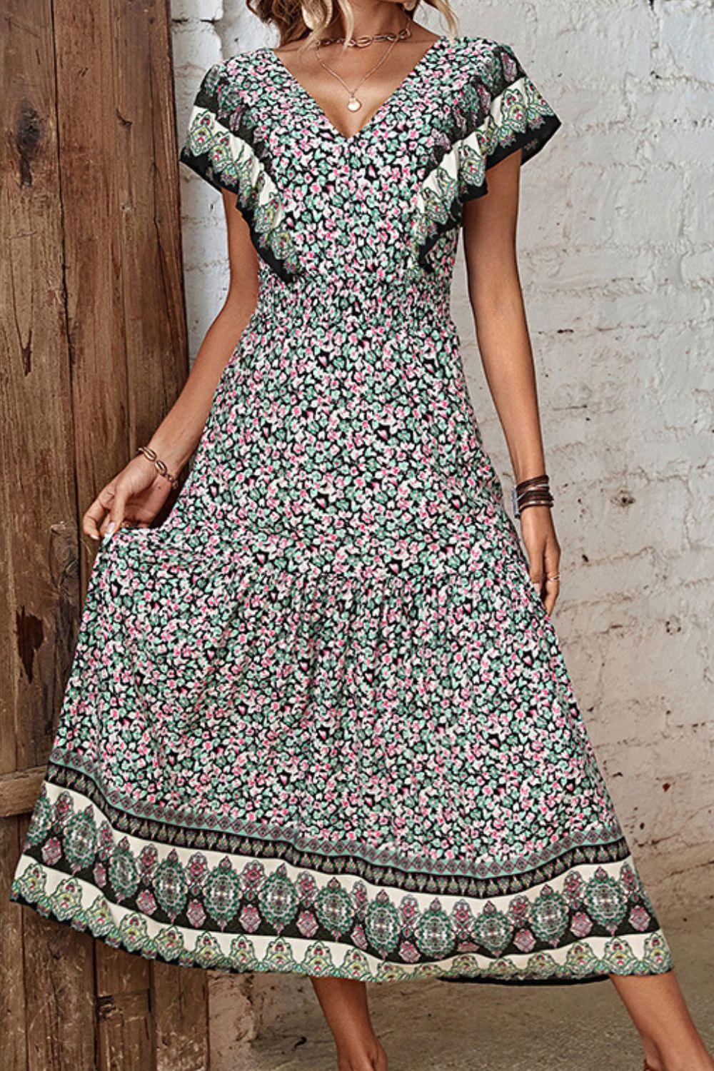 Ditsy Floral Ruffled Plunge Midi Casual Dress - Southern Shores Clothing