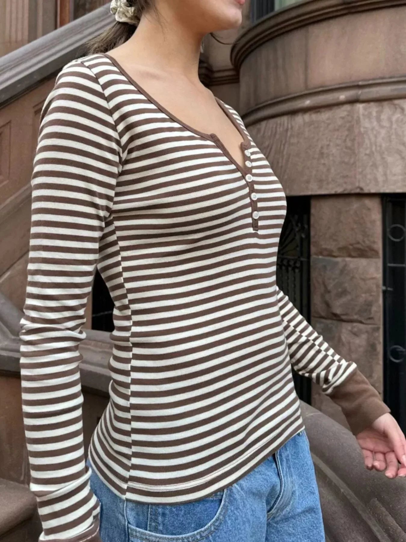 Striped Long Sleeve Henley T-Shirt - Southern Shores Clothing