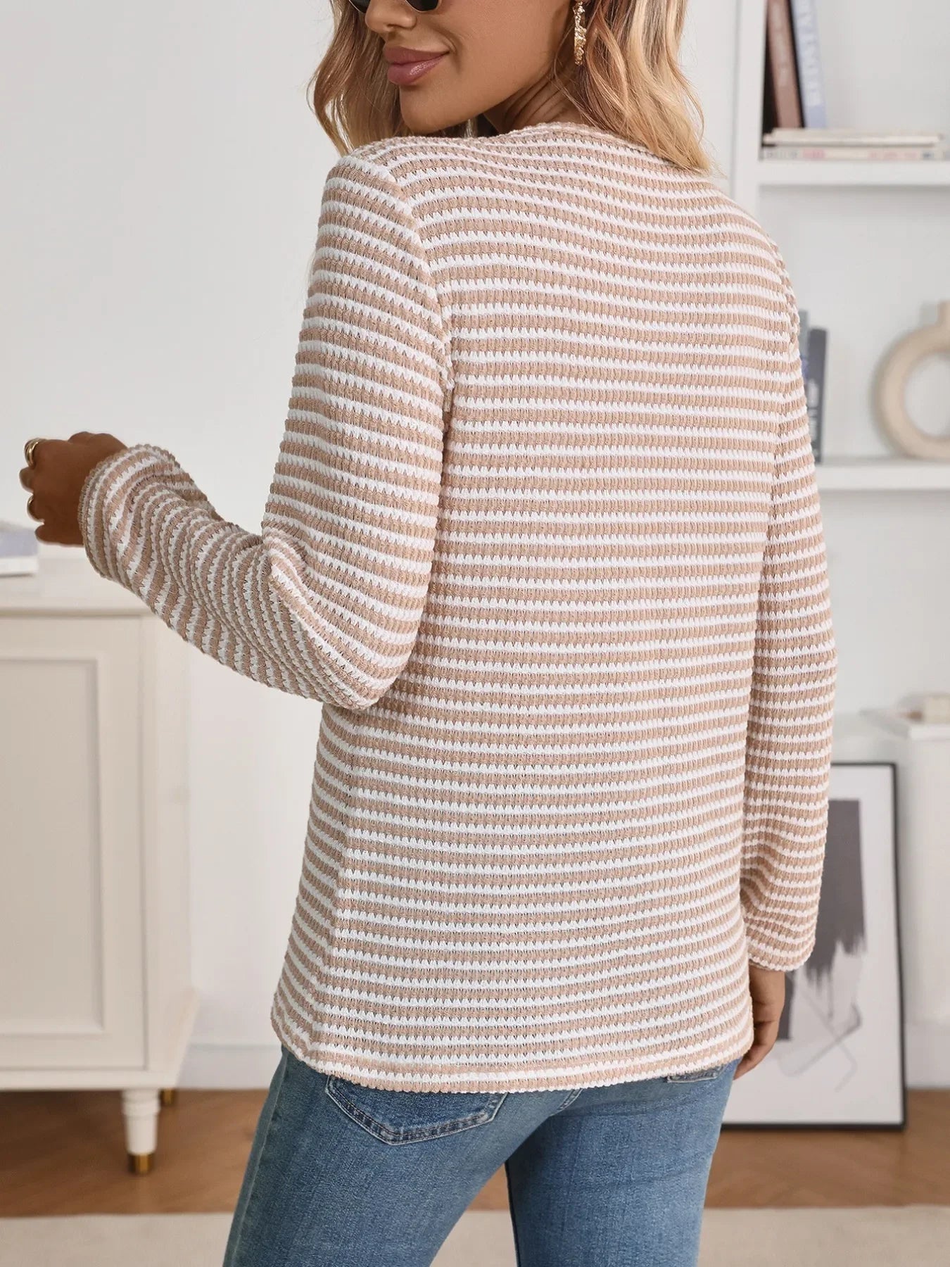 Striped Button Detail Long Sleeve Top - Southern Shores Clothing