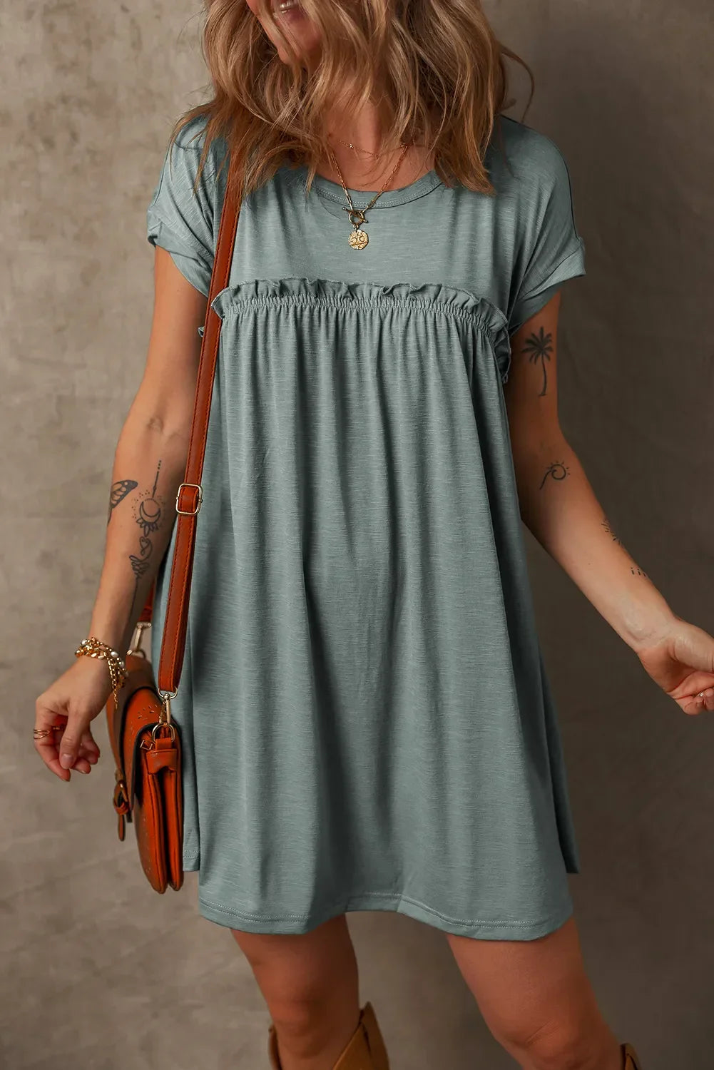 Frilled Gathered Seam Round Neck T Shirt Dress With Stretch - Southern Shores Clothing