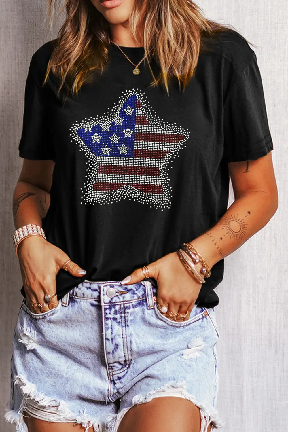 Rhinestone Round Neck Short Sleeve T Shirt With Stretch - Southern Shores Clothing