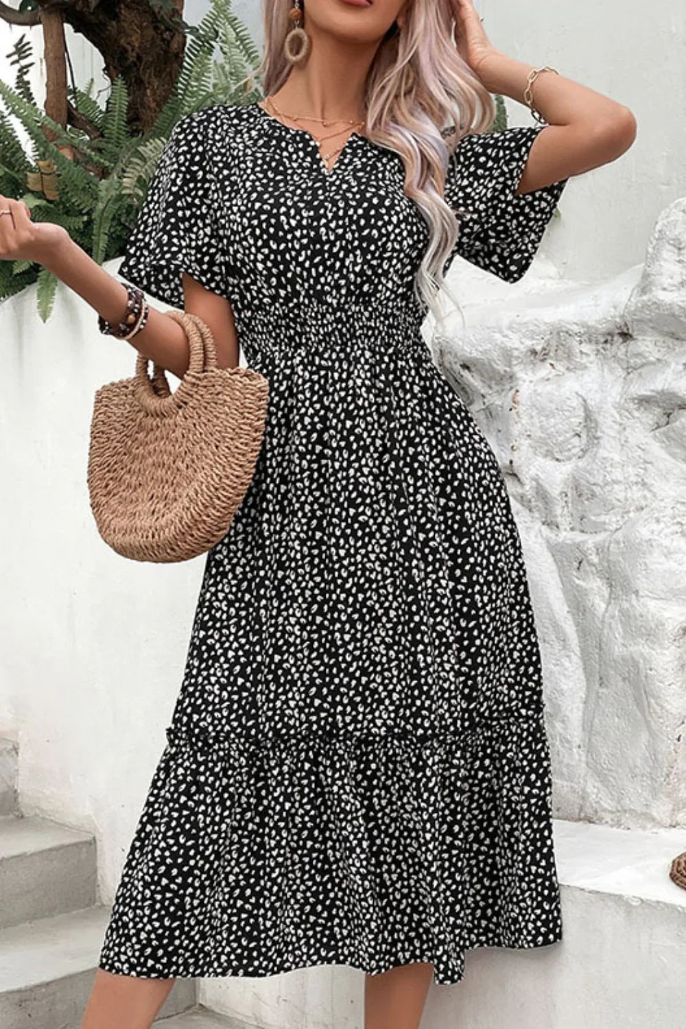 Perfee Leopard Print Short Sleeve Midi Dress - Southern Shores Clothing