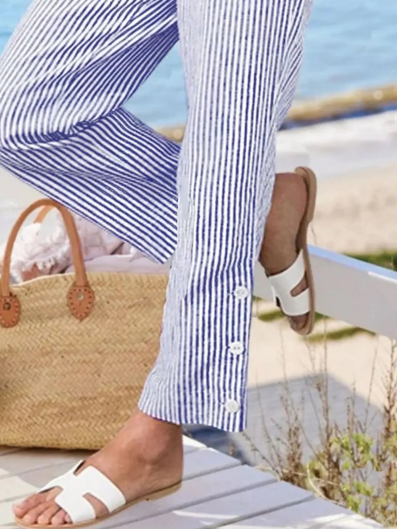 Striped Button Detail Plus Size Pants Coastal Comfort - Southern Shores Clothing