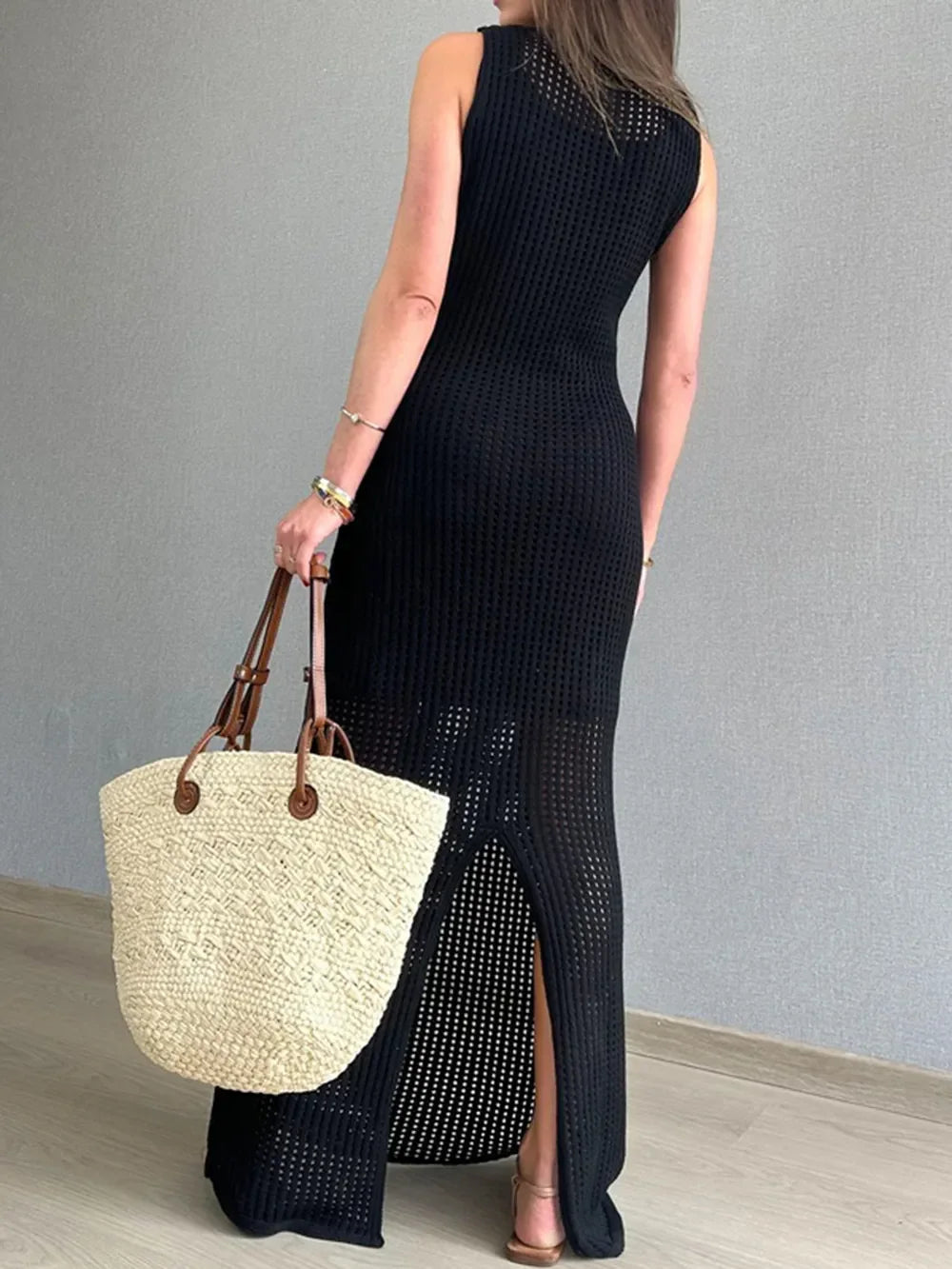 Openwork Slit Round Neck Acrylic Cover-Up - Southern Shores Clothing