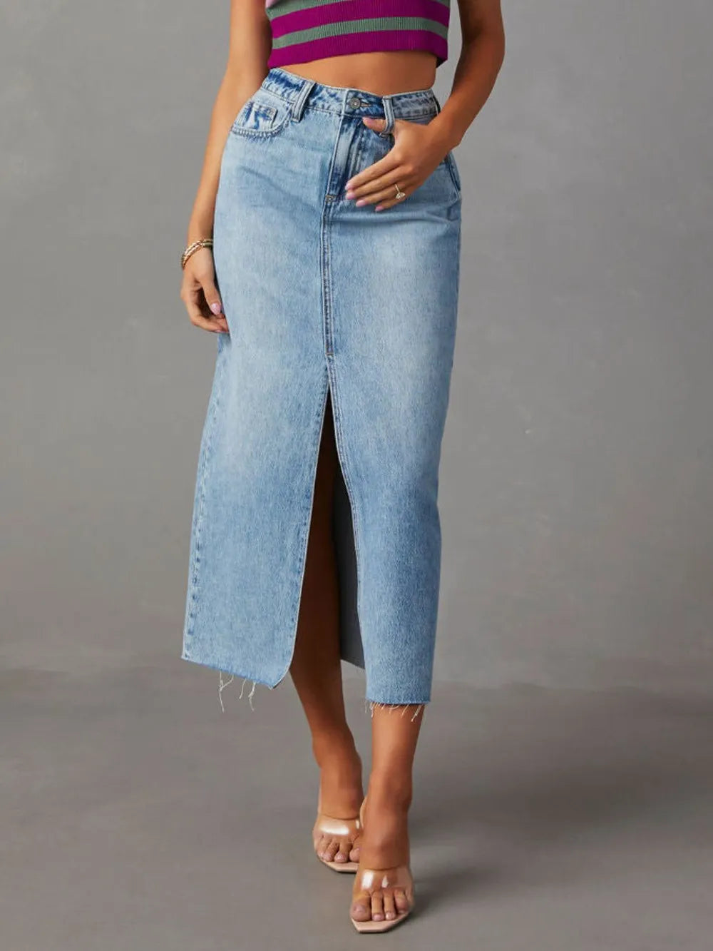 Charleston Inspired Raw Hem Front Slit Denim Midi Skirt