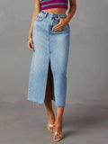 Raw Hem Denim Midi Skirt With Front Slit - Southern Shores Clothing