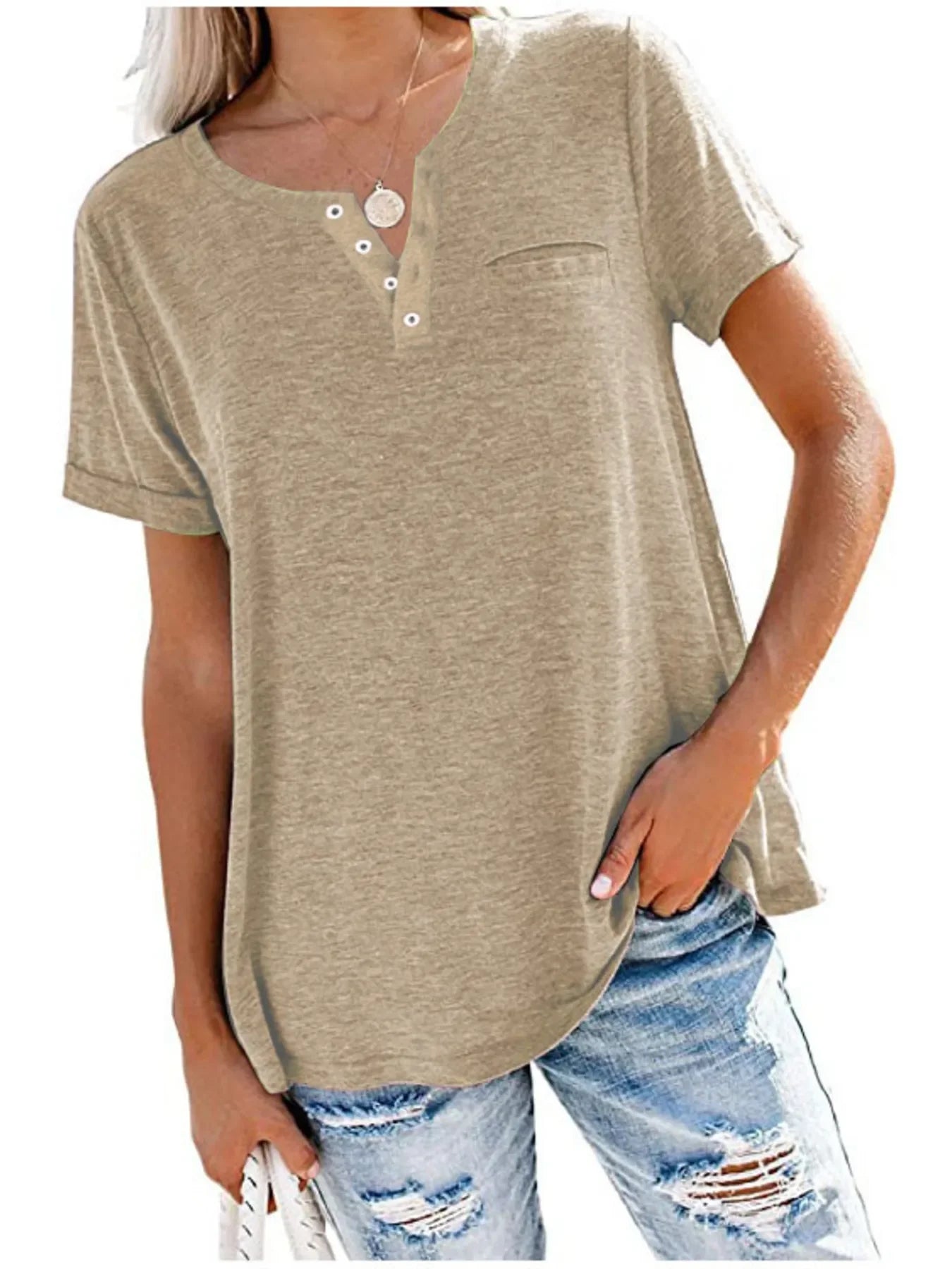 Notched Short Sleeve Plus Size T Shirt Casual Wear - Southern Shores Clothing
