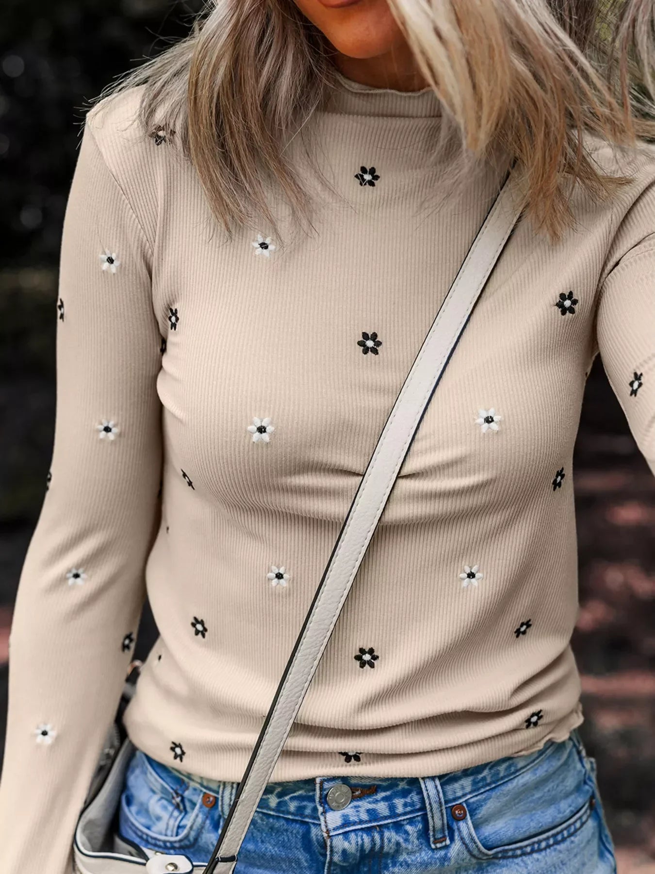 Floral Embroidered Detail Ribbed Long Sleeve Top - Southern Shores Clothing
