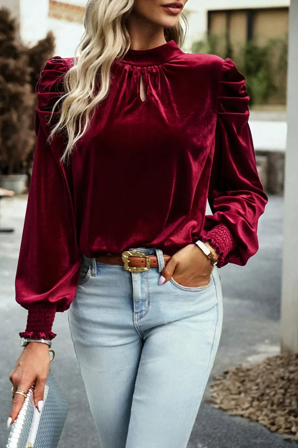 Southern Shores Clothing Long Sleeve Tie Up Mock Neck Velvet Fabric Blouse Design For Everyday Wear - Southern Shores Clothing