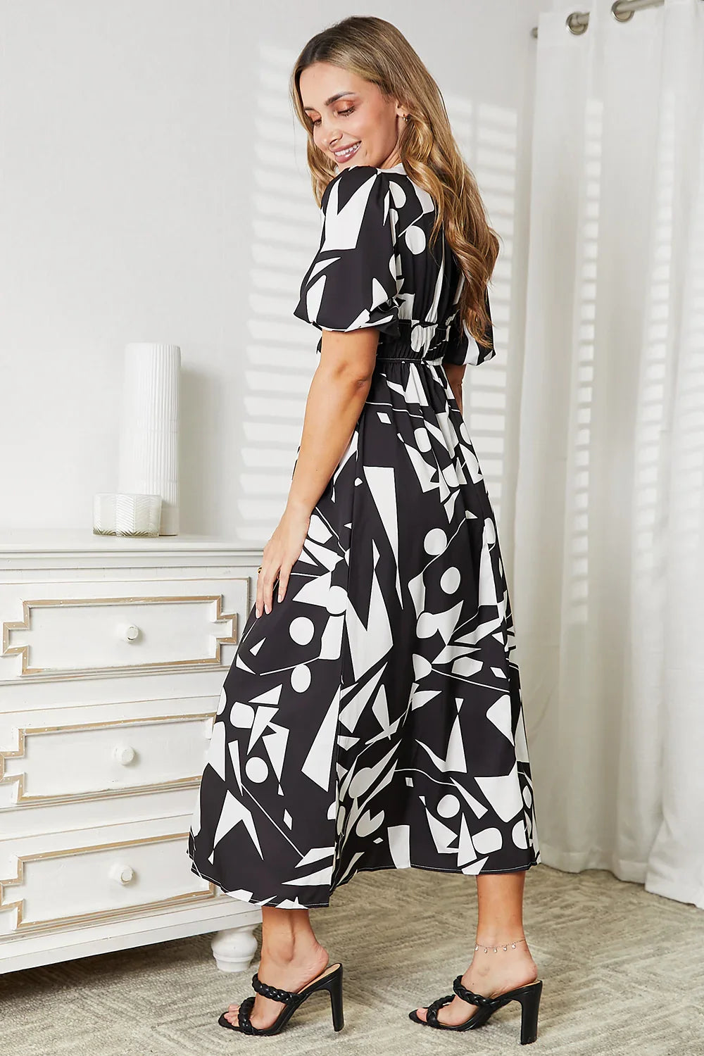 Printed Surplice Balloon Sleeve Dress Silhouette - Southern Shores Clothing
