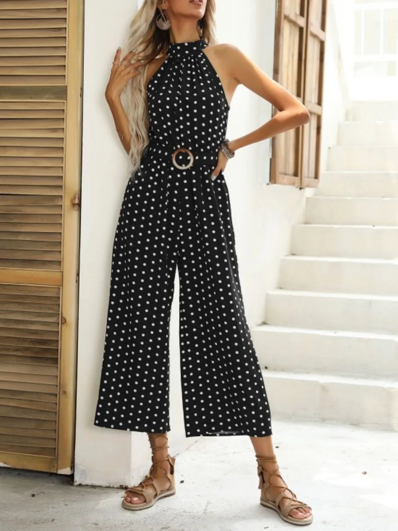 Polka Dot Halter Neck Wide Leg Jumpsuit Style - Southern Shores Clothing