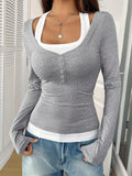 Scoop Neck Long Sleeve Fake Two-Piece T-Shirt - Southern Shores Clothing