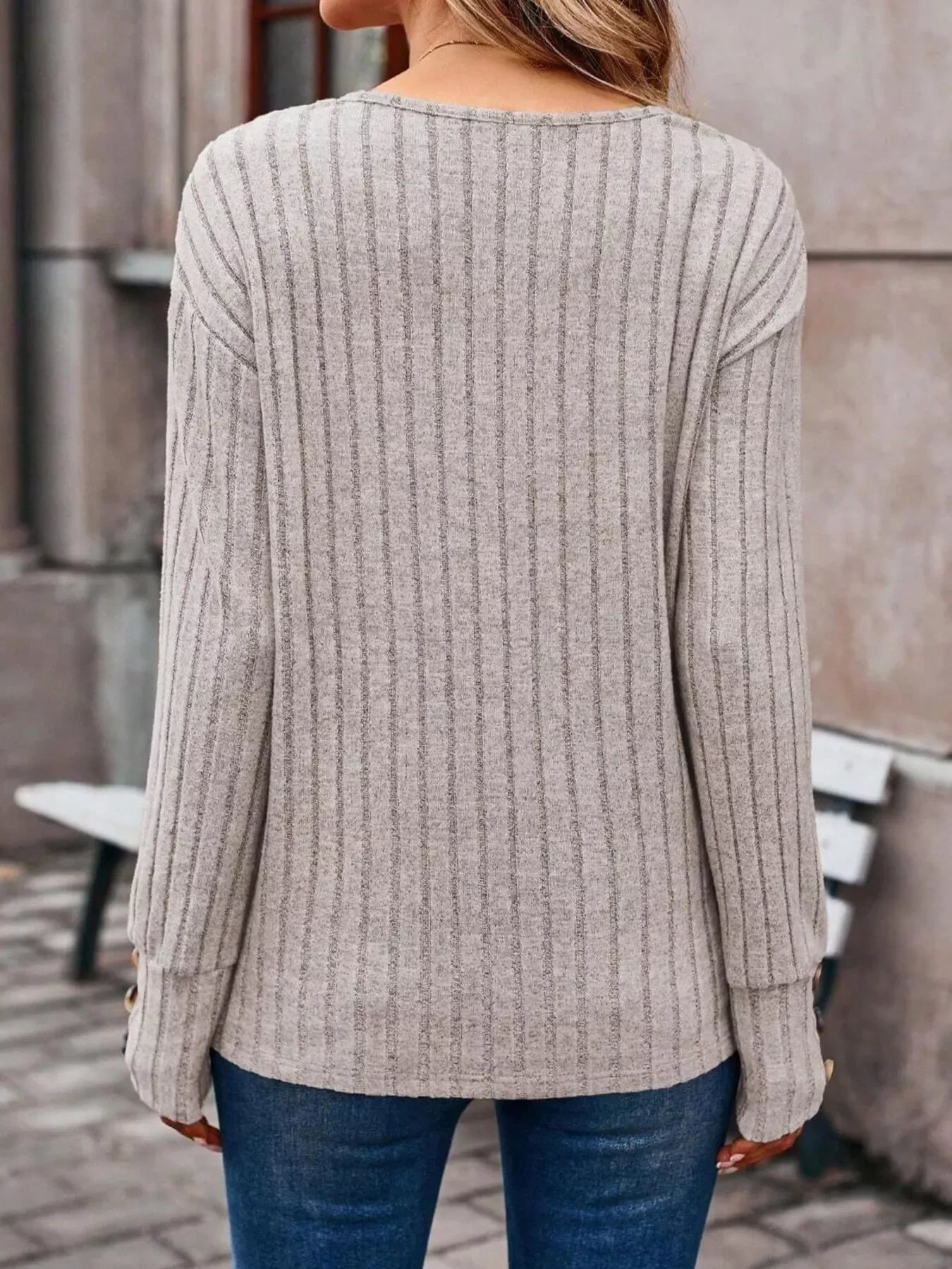 Ribbed V-Neck Long Sleeve Buttoned Stretchy Top - Southern Shores Clothing