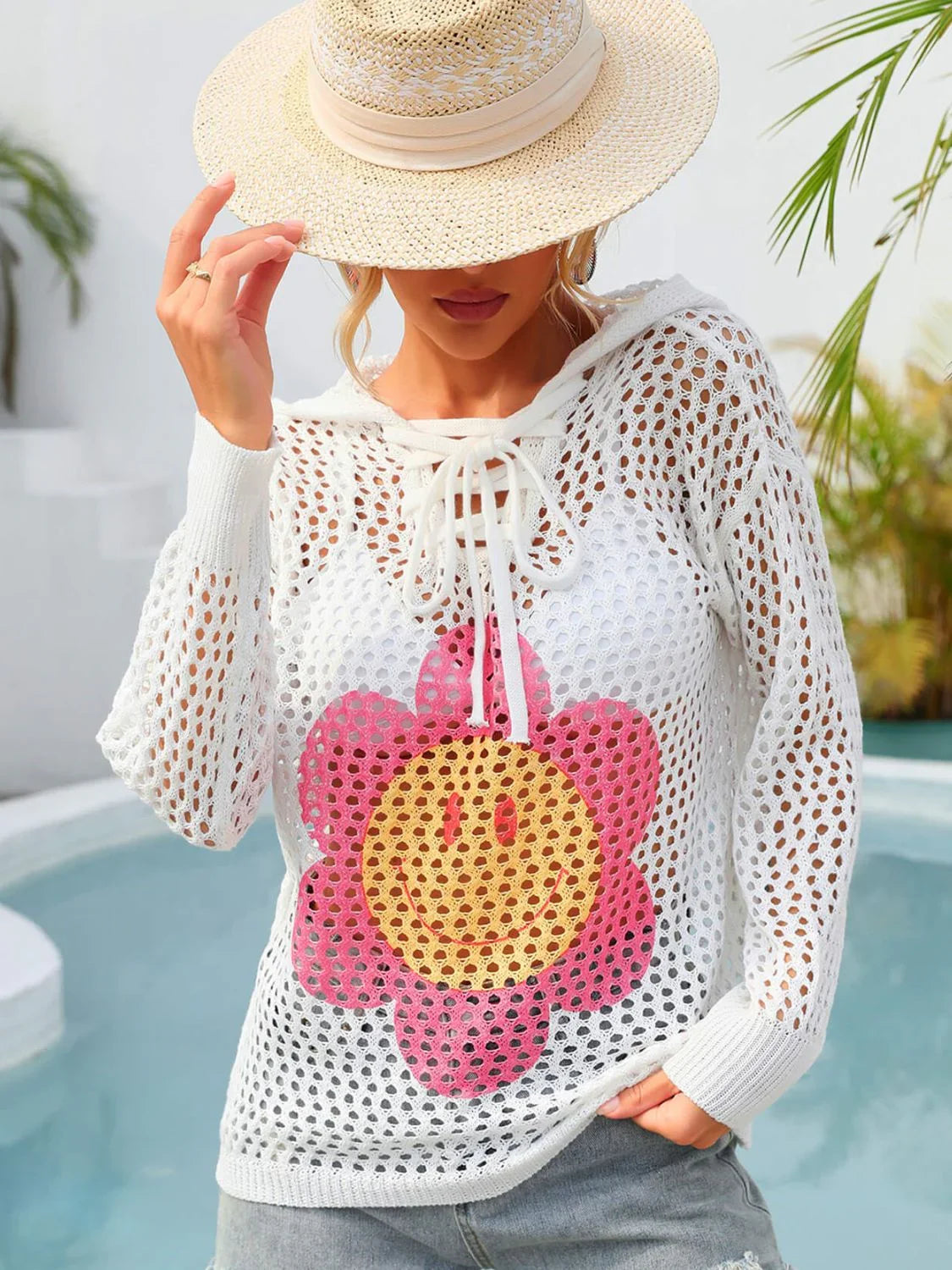 Floral Lace-Up Hooded Stretch Swim Cover Up - Southern Shores Clothing