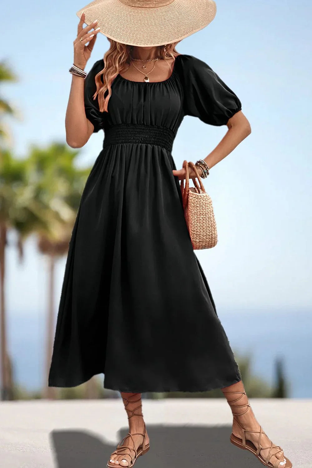 Square Neck Smocked Waist Puff Sleeve Midi Dress - Southern Shores Clothing