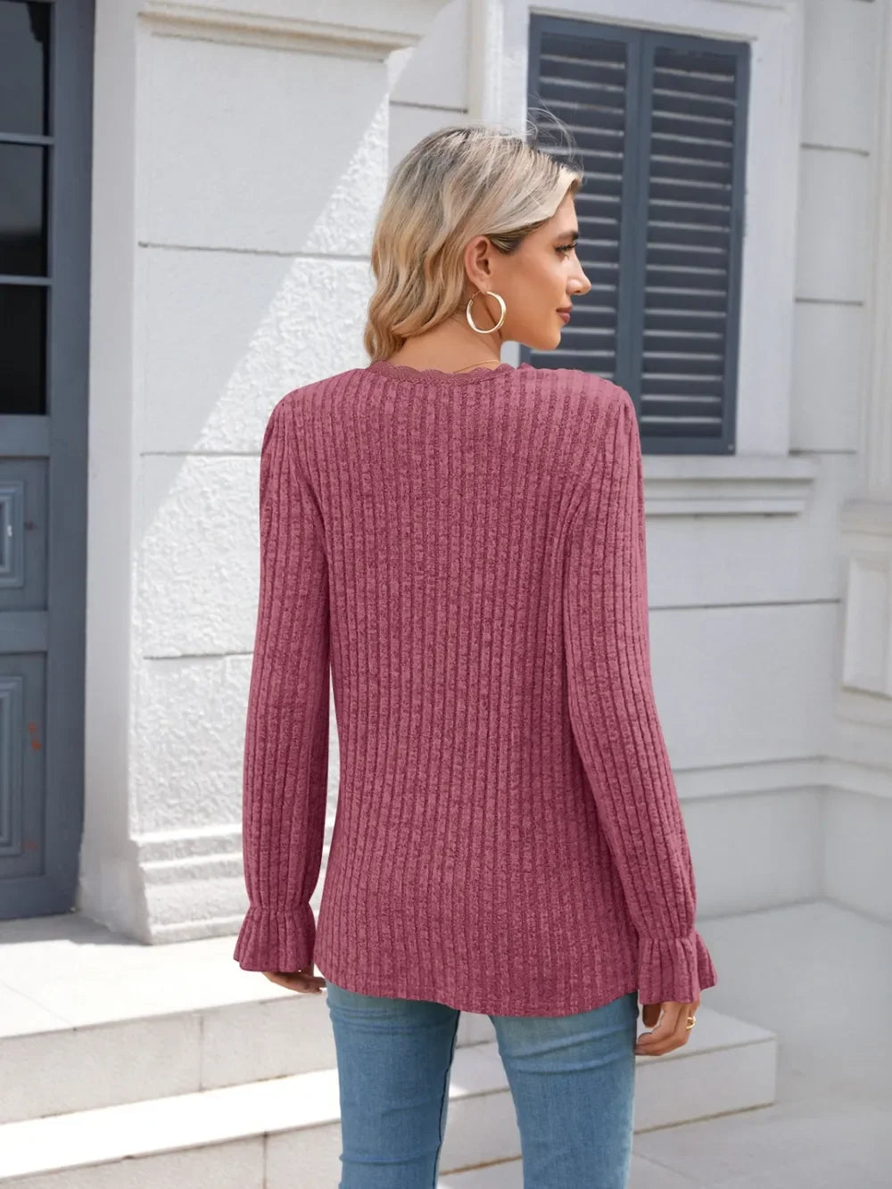 Lace Detail V-Neck Long Sleeve T-Shirt - Southern Shores Clothing