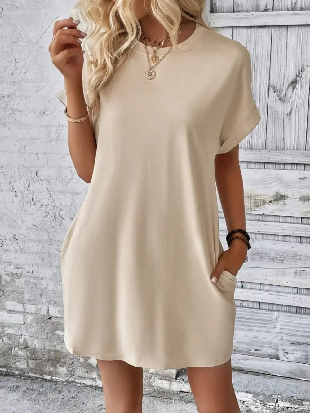 Pocketed Round Neck Short Sleeve Dress - Southern Shores Clothing