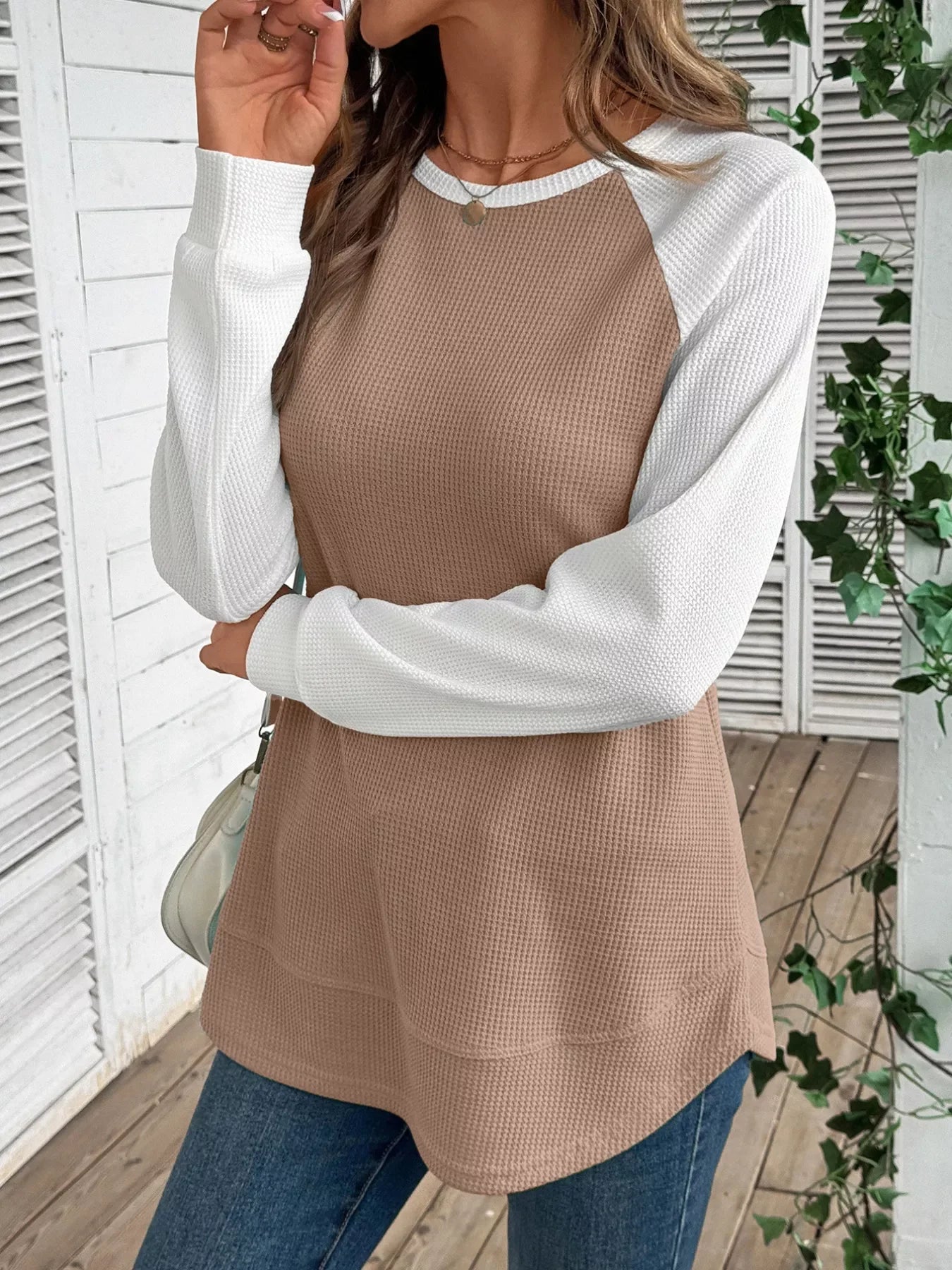 Contrast Raglan Sleeves Waffle Knit T Shirt - Southern Shores Clothing