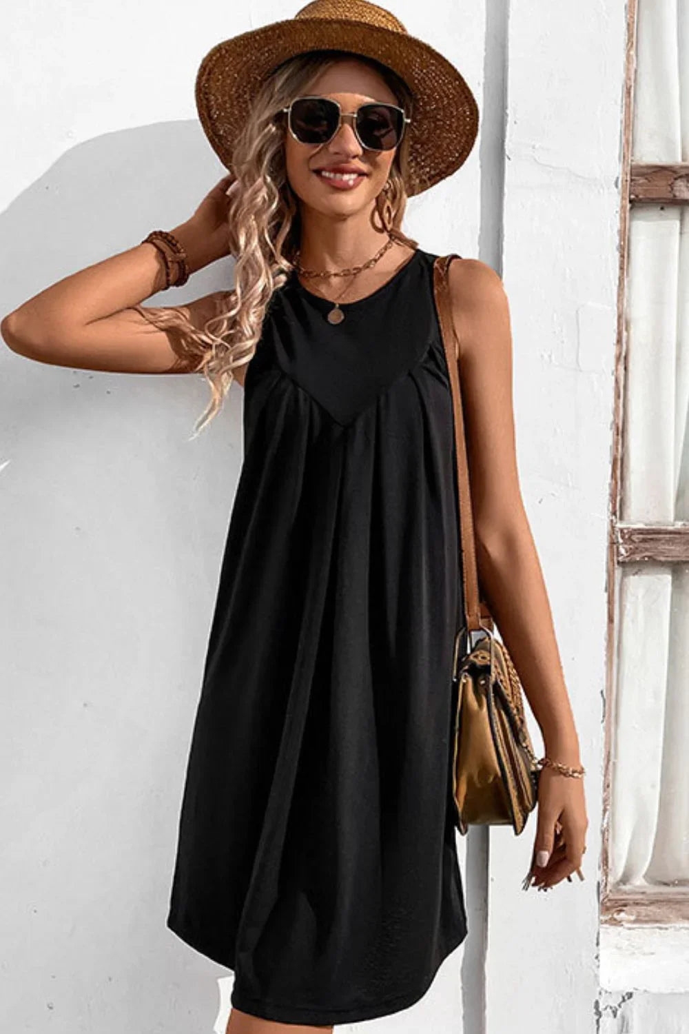 Perfee Round Neck Sleeveless Mini Dress - Southern Shores Clothing